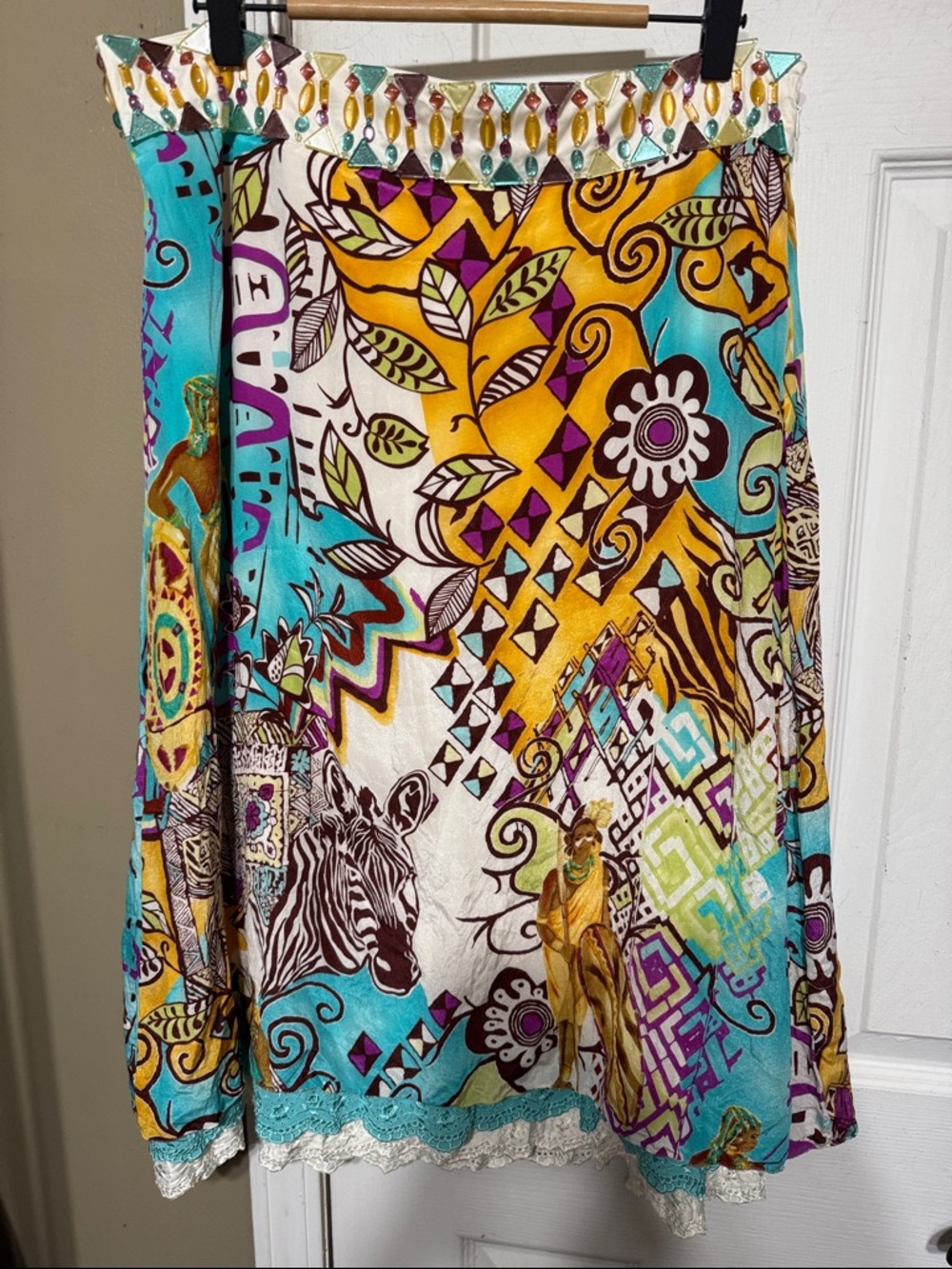 Silk Animal & Geometric Print Skirt - Teal, Mustard 🦓 Zebra W17”